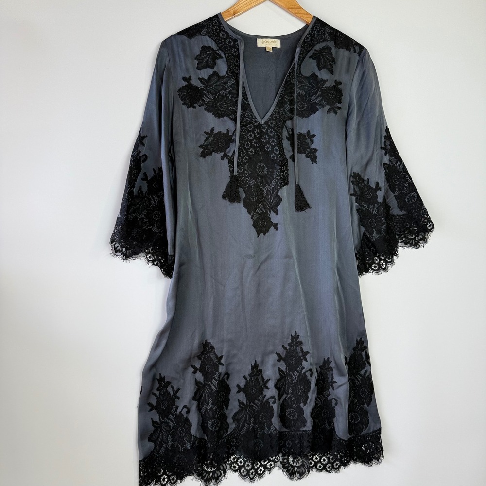 by Sophie Paris Women's M Blue Gray Lace Trim Satin Dress